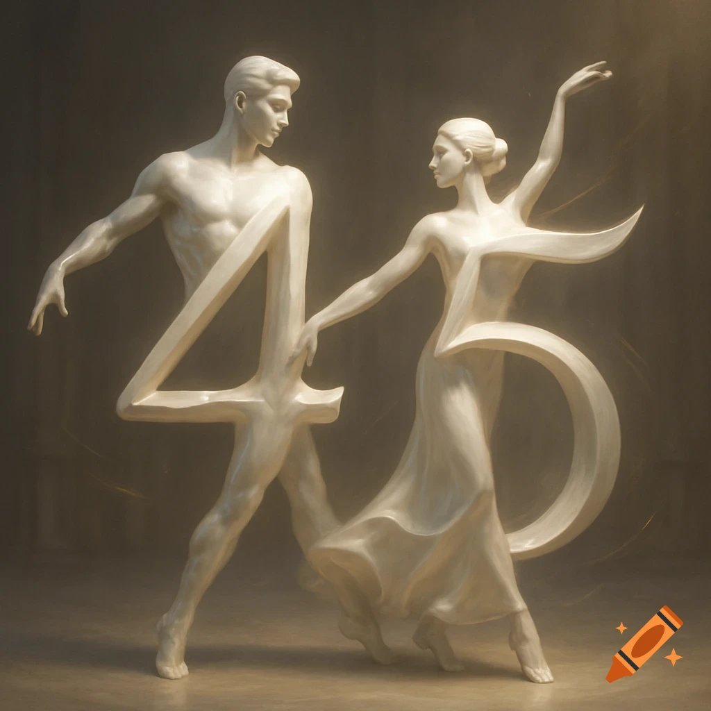 White marble-like sculpture of a male dancer forming the number 4 and a female dancer forming the number 5, in a dynamic pose.