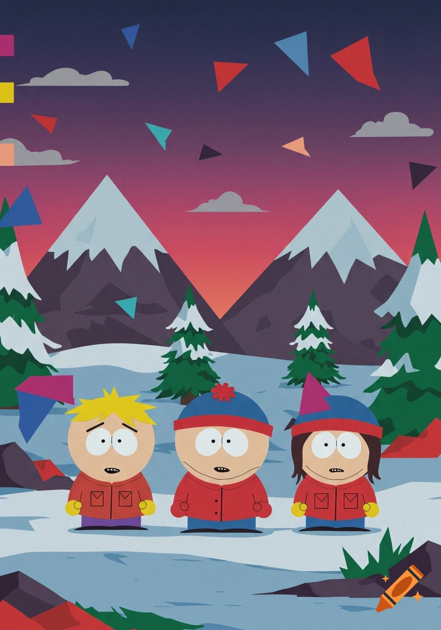 Three South Park characters stand in a snowy mountain landscape with geometric shapes floating in a sunset sky.