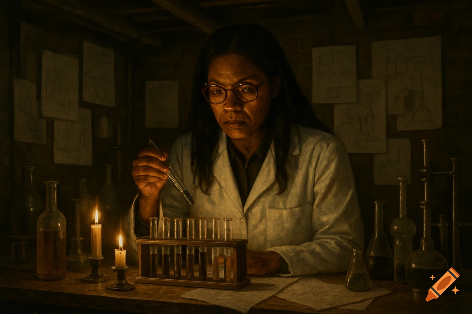 African-American scientist in a lab coat works by candlelight in a cluttered, dim basement lab with test tubes and equipment.