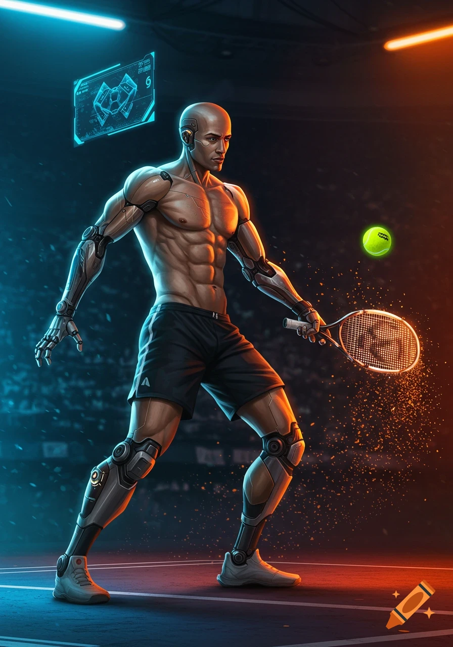A bald, muscular man with robotic arms and legs, wearing shorts, playing tennis on a dark court with neon lighting.