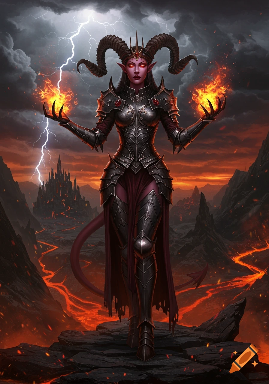 A female demon lord in ornate armor stands in a fiery volcanic landscape under a stormy sky with lightning.