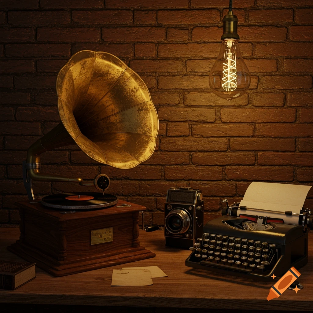 A photorealistic still life of a vintage gramophone, typewriter, and camera on a wooden table, lit by a hanging Edison bulb against a brick wall.
