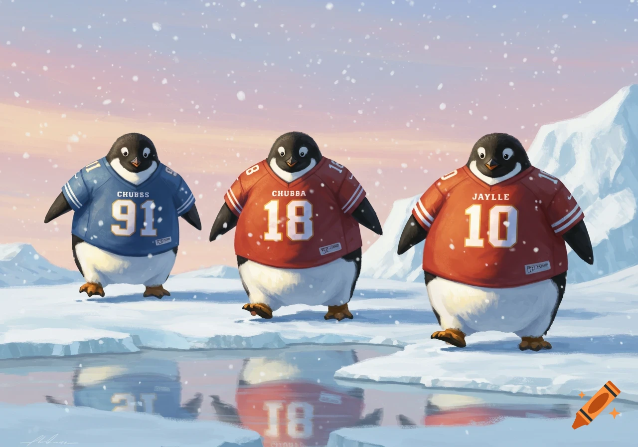 Three cartoon penguins wearing blue and red football jerseys with names and numbers, standing on ice in a snowy landscape.