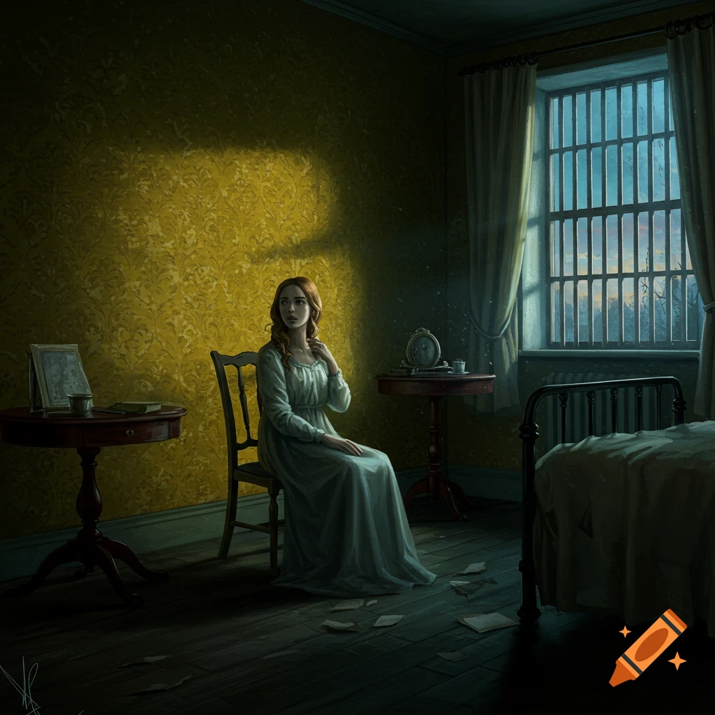 A woman with red hair sits on a chair in a dimly lit room with yellow patterned wallpaper, torn papers on the floor, and a barred window.