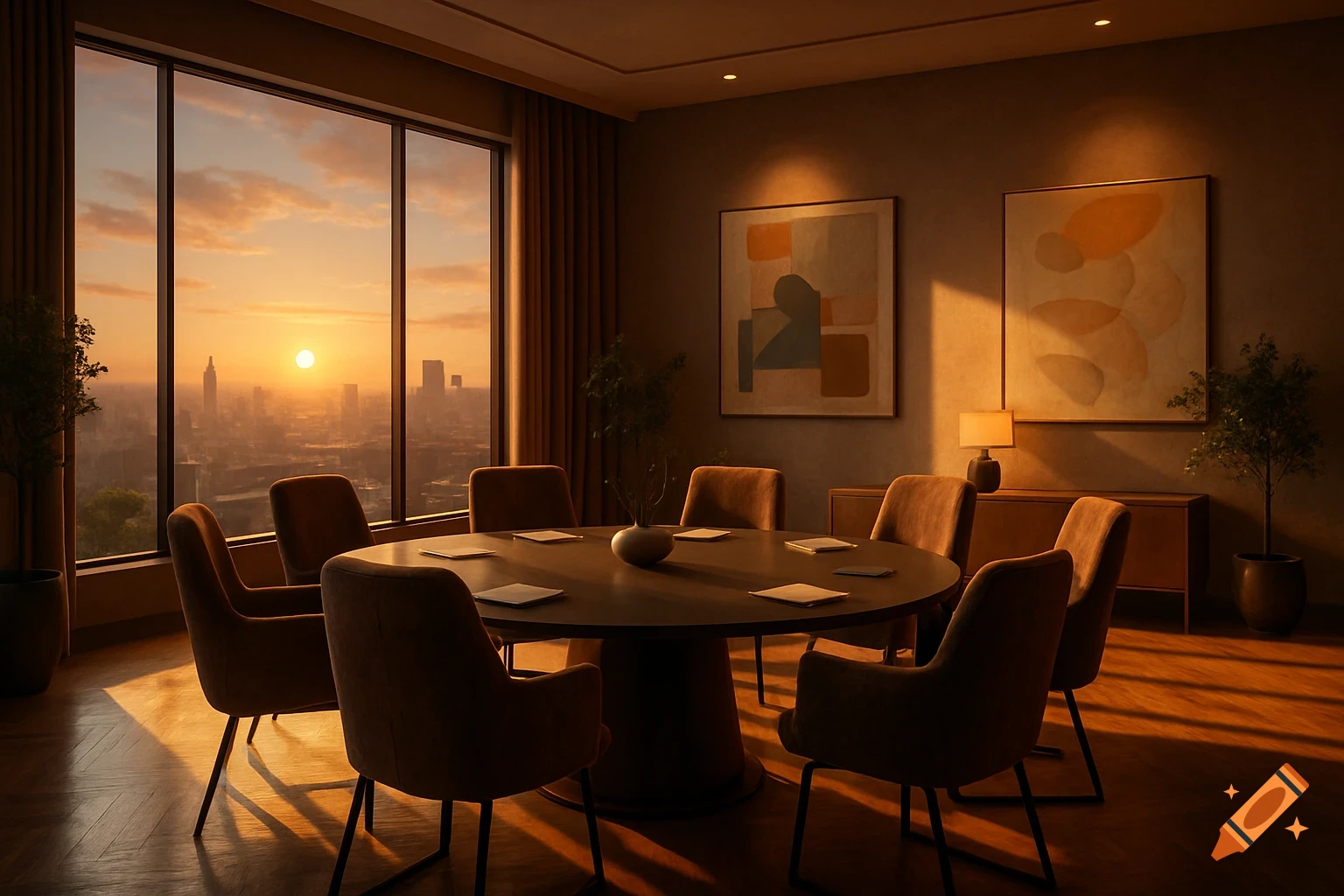 A modern meeting room with a large window overlooking a city at sunset, featuring a round table and chairs.