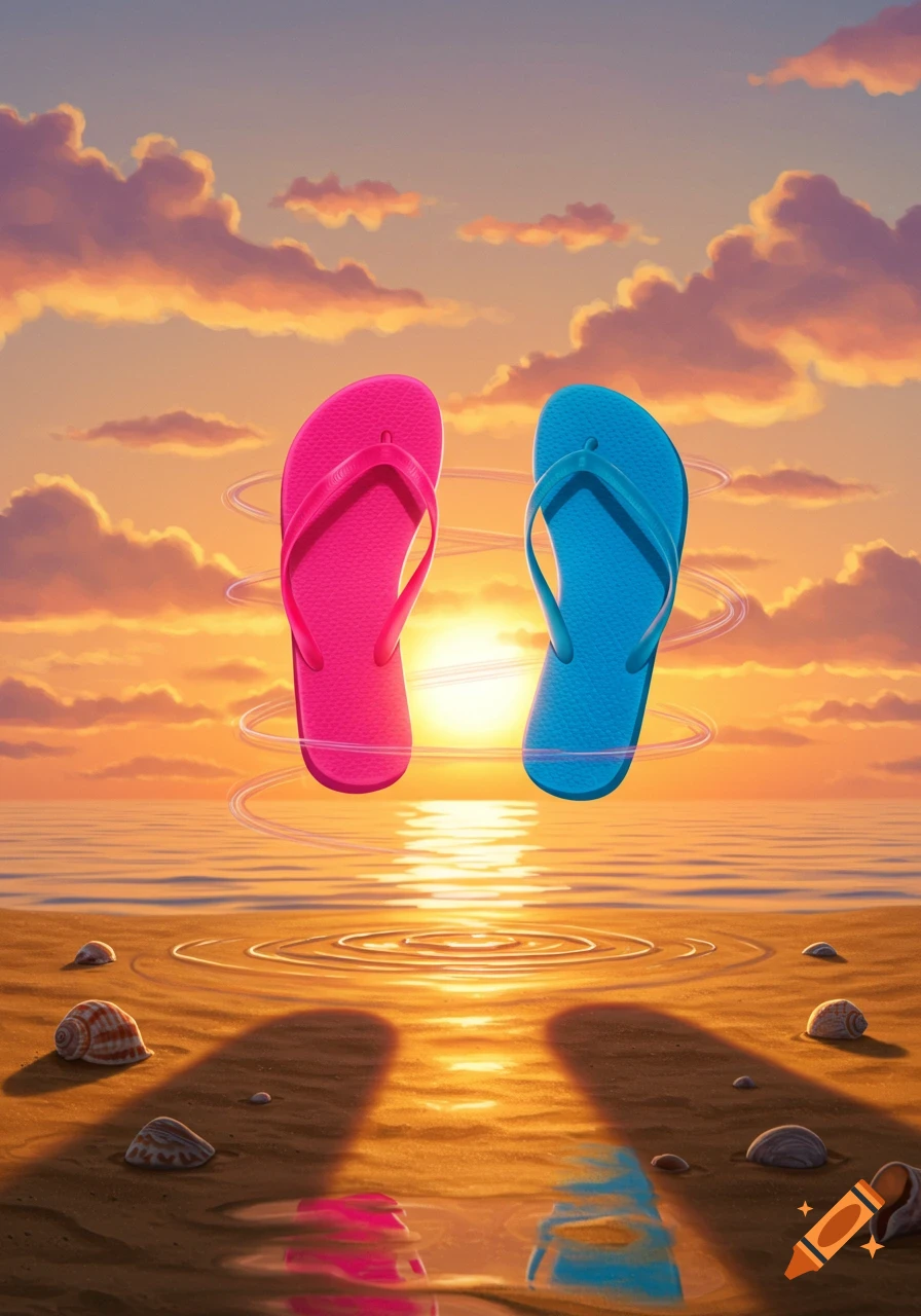 A pink and a blue flip-flop float above a sandy beach with seashells, reflecting in the water, against a vibrant sunset sky.