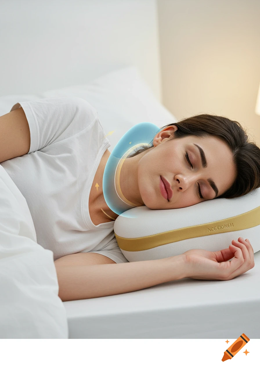 A woman sleeps peacefully on a white orthopedic memory foam pillow with a gold stripe, highlighting neck support.