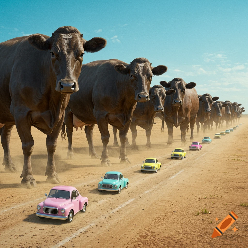 Photorealistic image of giant brown cows lined up on a dusty road, with small, colorful vintage cars driving past them.