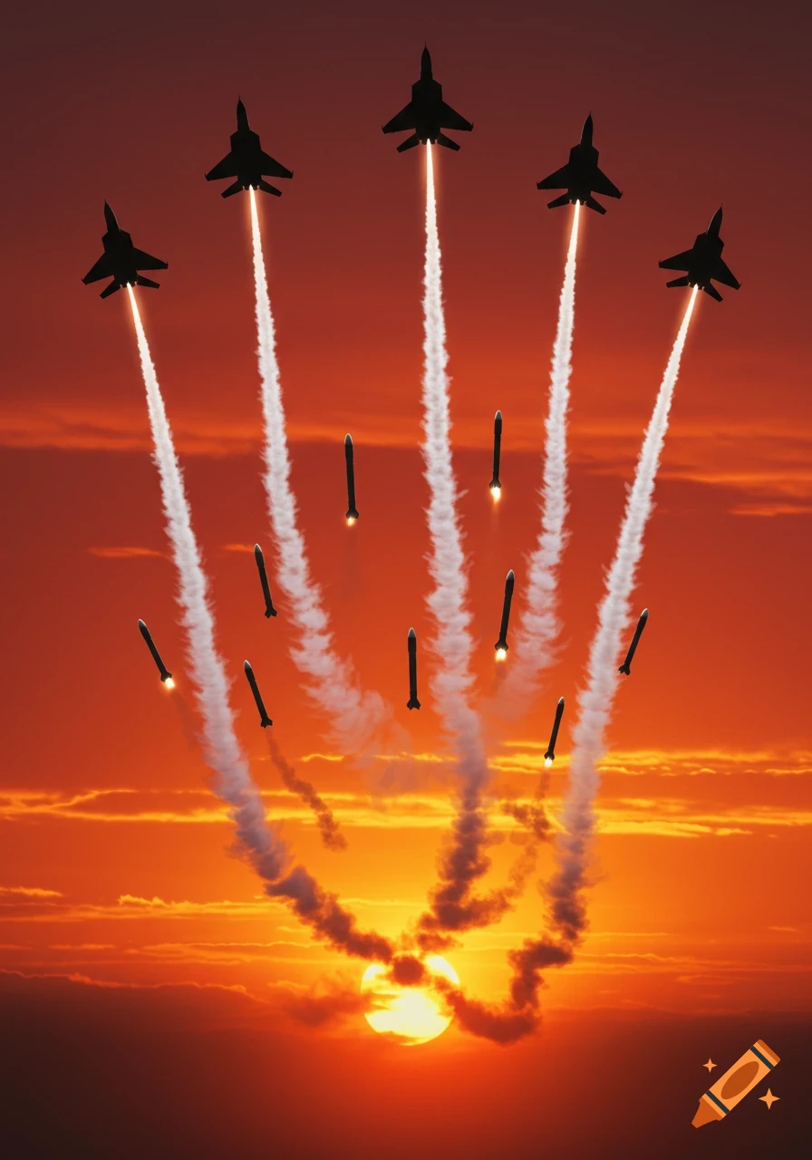 Five silhouetted fighter jets and multiple missiles ascend against a vibrant orange and red sunset sky.