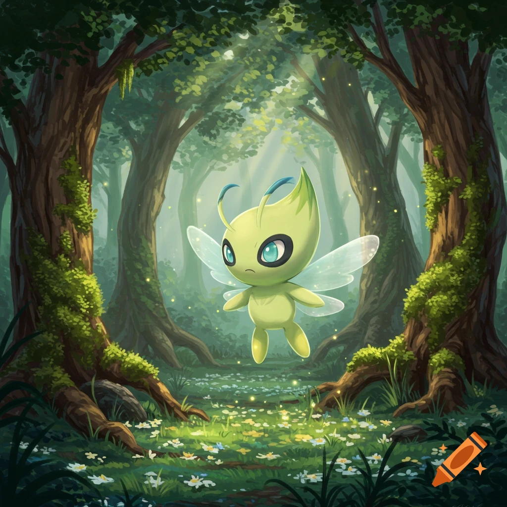 A grumpy green Celebi Pokemon with clear wings floats in a sunlit, magical forest clearing with small white flowers on the ground.