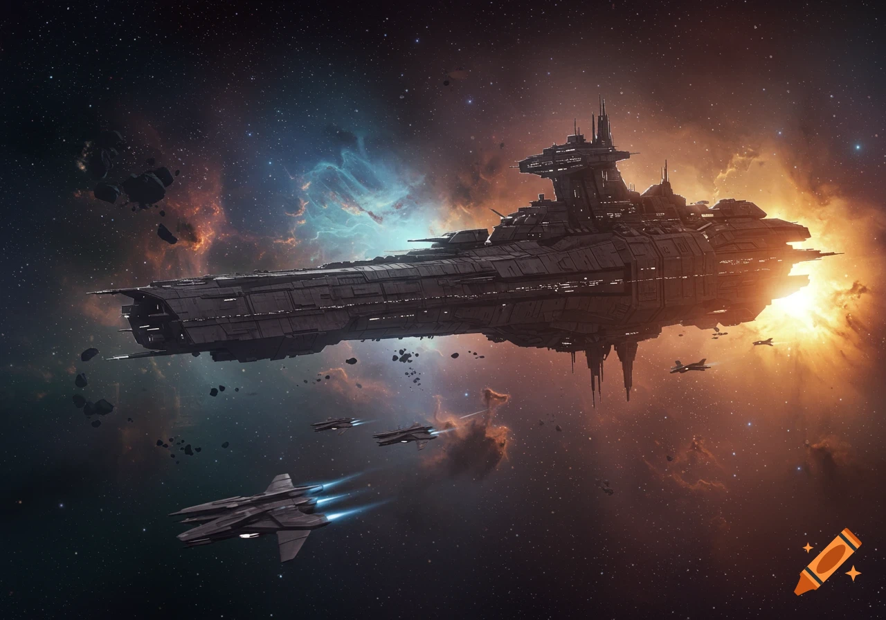 A massive futuristic battleship and smaller fighter jets fly through a cosmic nebula with asteroids.