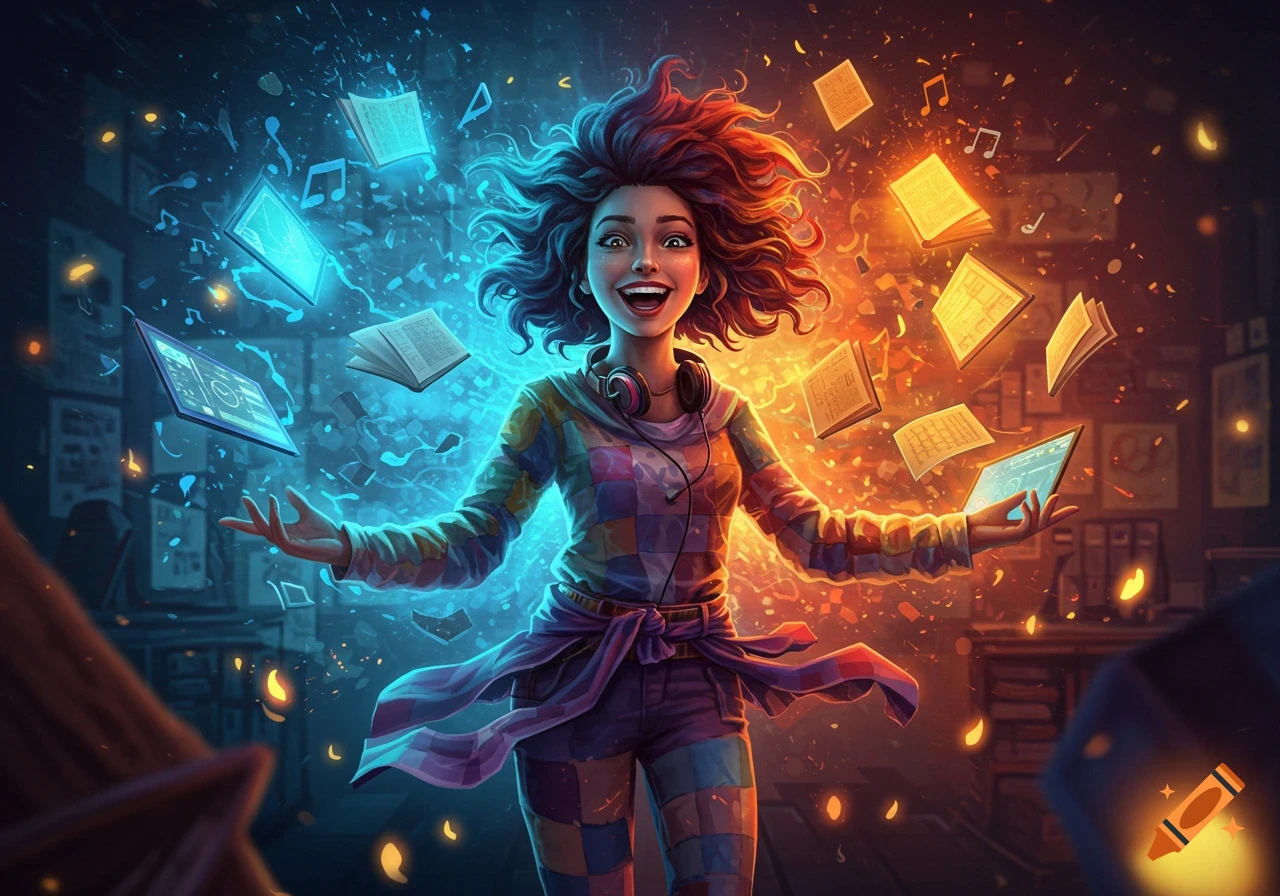 Vibrant digital art of a smiling woman with headphones, surrounded by glowing blue and orange energy, floating books and screens.