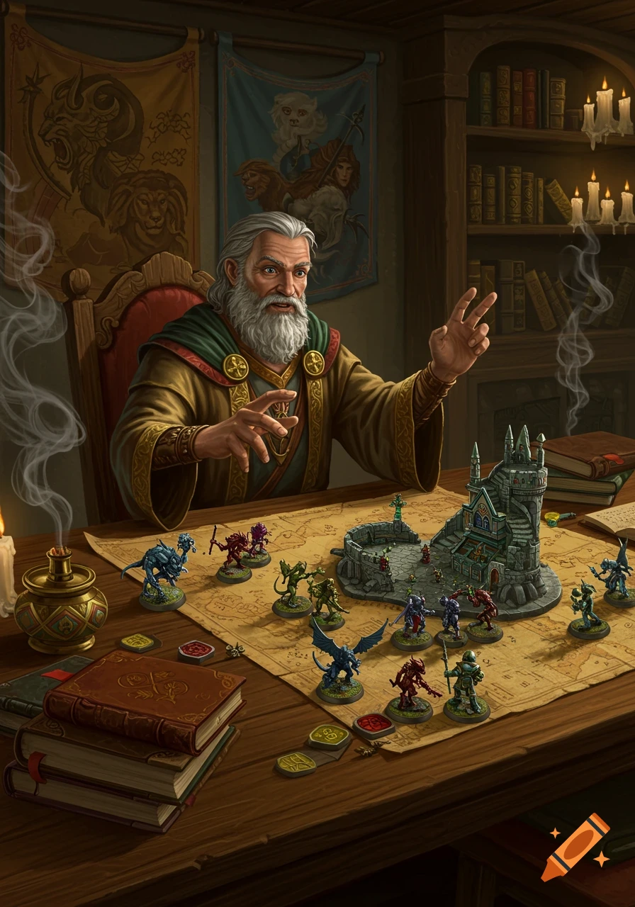 An old wizard playing a fantasy tabletop game with miniatures, a map, and castle terrain on a wooden table.