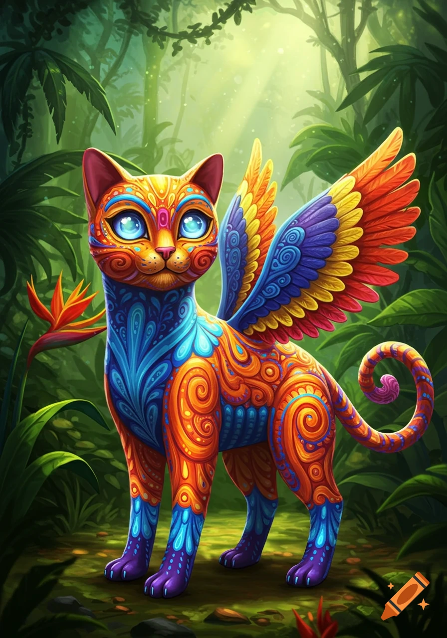 A vibrant, colorful alebrije cat with large blue eyes, an orange body, and rainbow-colored wings, standing in a lush, illuminated jungle.