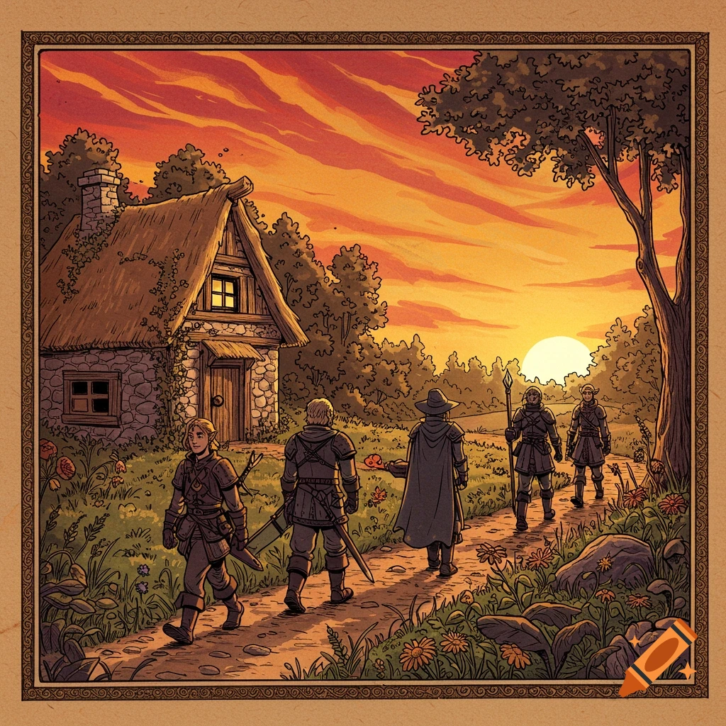 Hand-drawn illustration of fantasy adventurers walking on a path towards a sunset, with a thatched cottage to the left.
