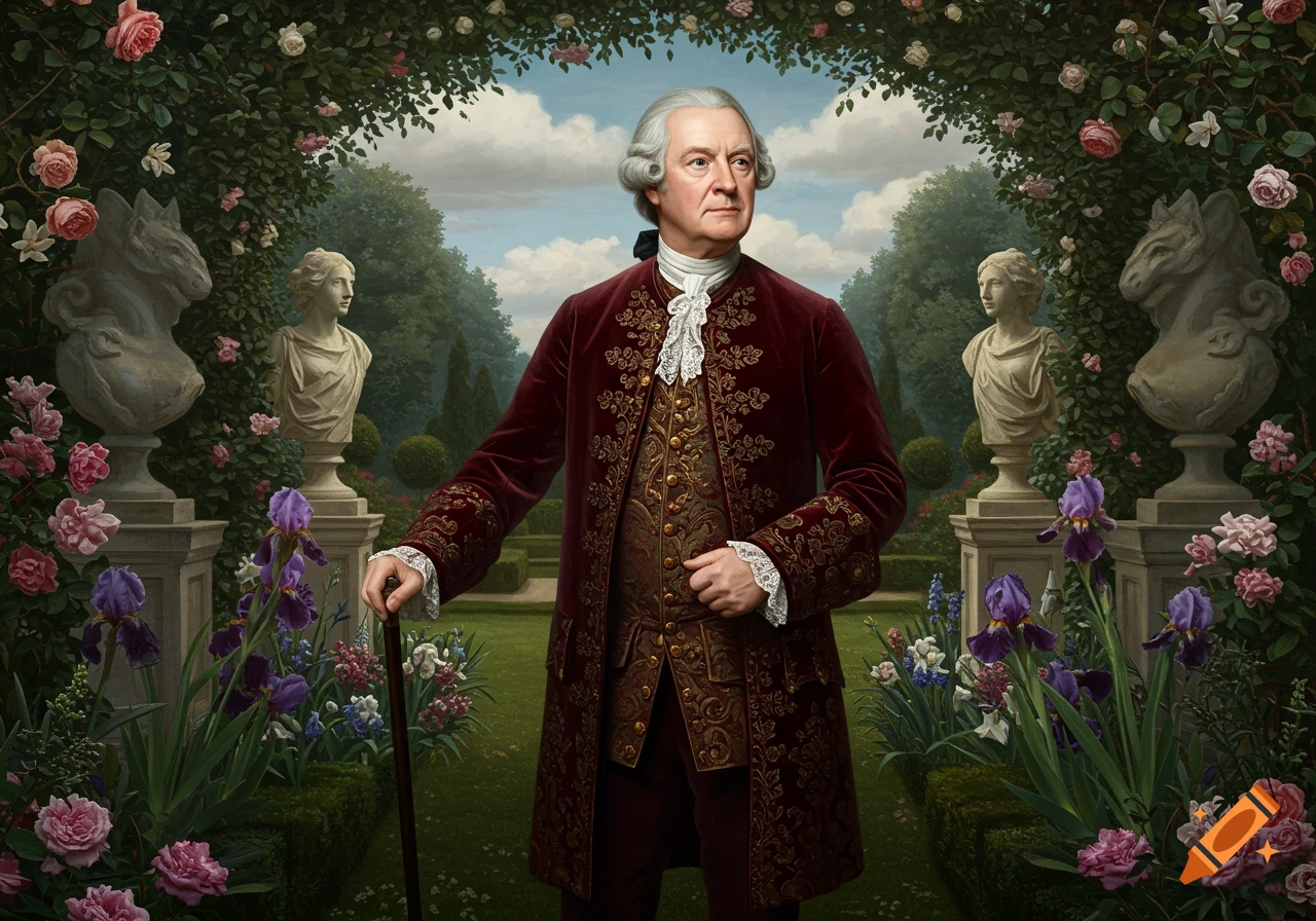 A distinguished man in a red velvet 18th-century coat stands in a formal rose garden with classical statues, photorealistic painting.