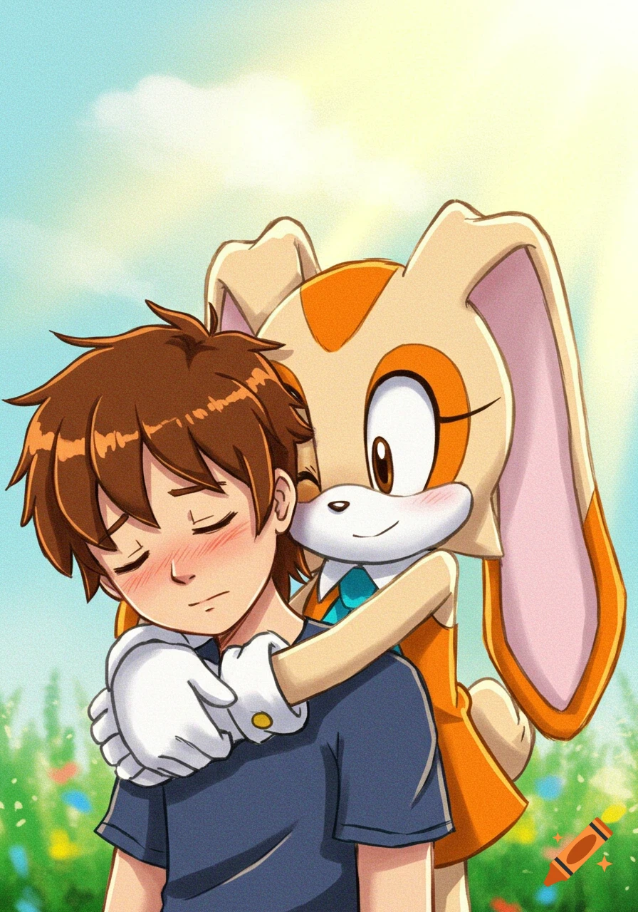 Cream the Rabbit hugs a brown-haired boy in a warm, wholesome anime scene with a blurred outdoor background.