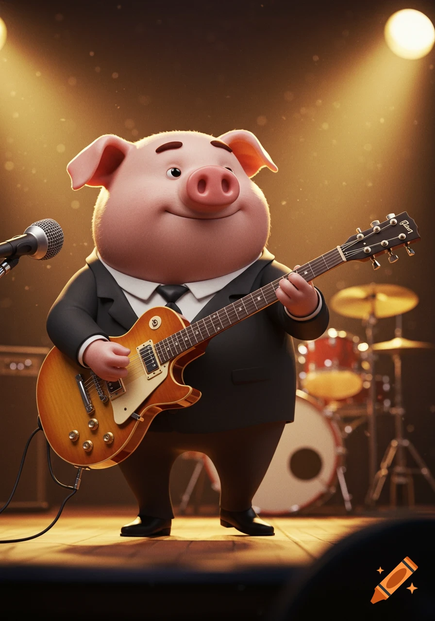 A smiling cartoon pig in a suit plays an electric guitar on a stage with a microphone and drum set in the background.