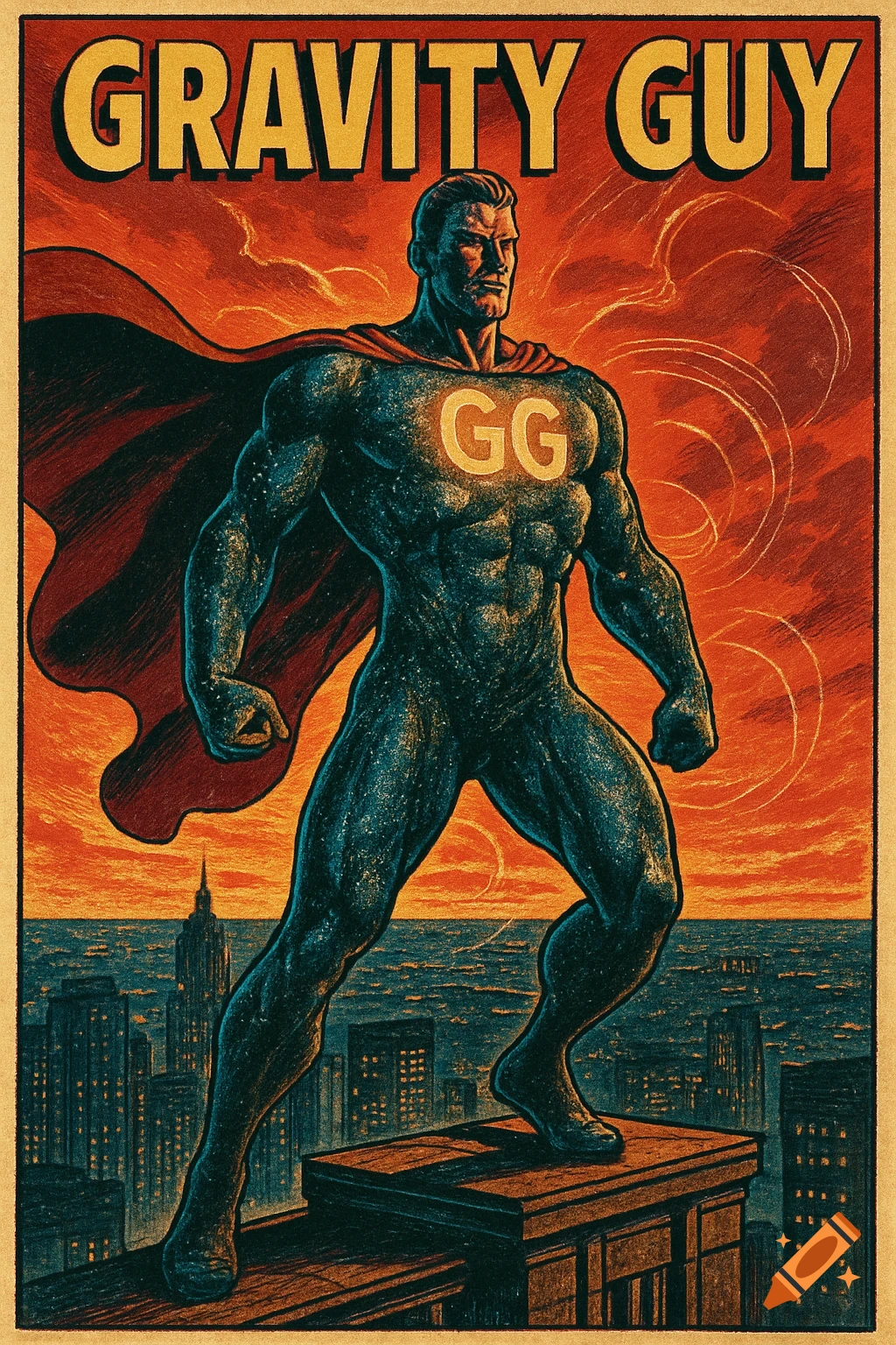 Muscular superhero in dark suit and red cape stands on a rooftop above a city at sunset, vintage comic art style.
