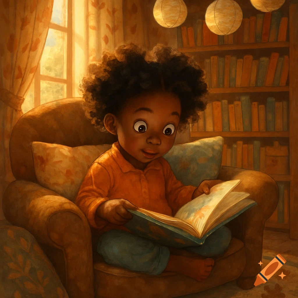 A young Black child with curly hair intently reads a book while sitting in a cozy armchair in a warm, illustrated room.