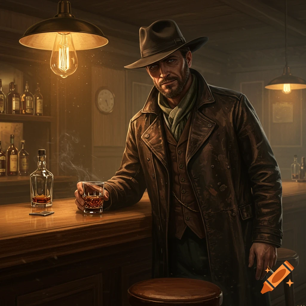 A man in a trench coat and fedora leans on a bar, holding a whiskey glass and a lit cigarette in a dimly lit, photorealistic bar.