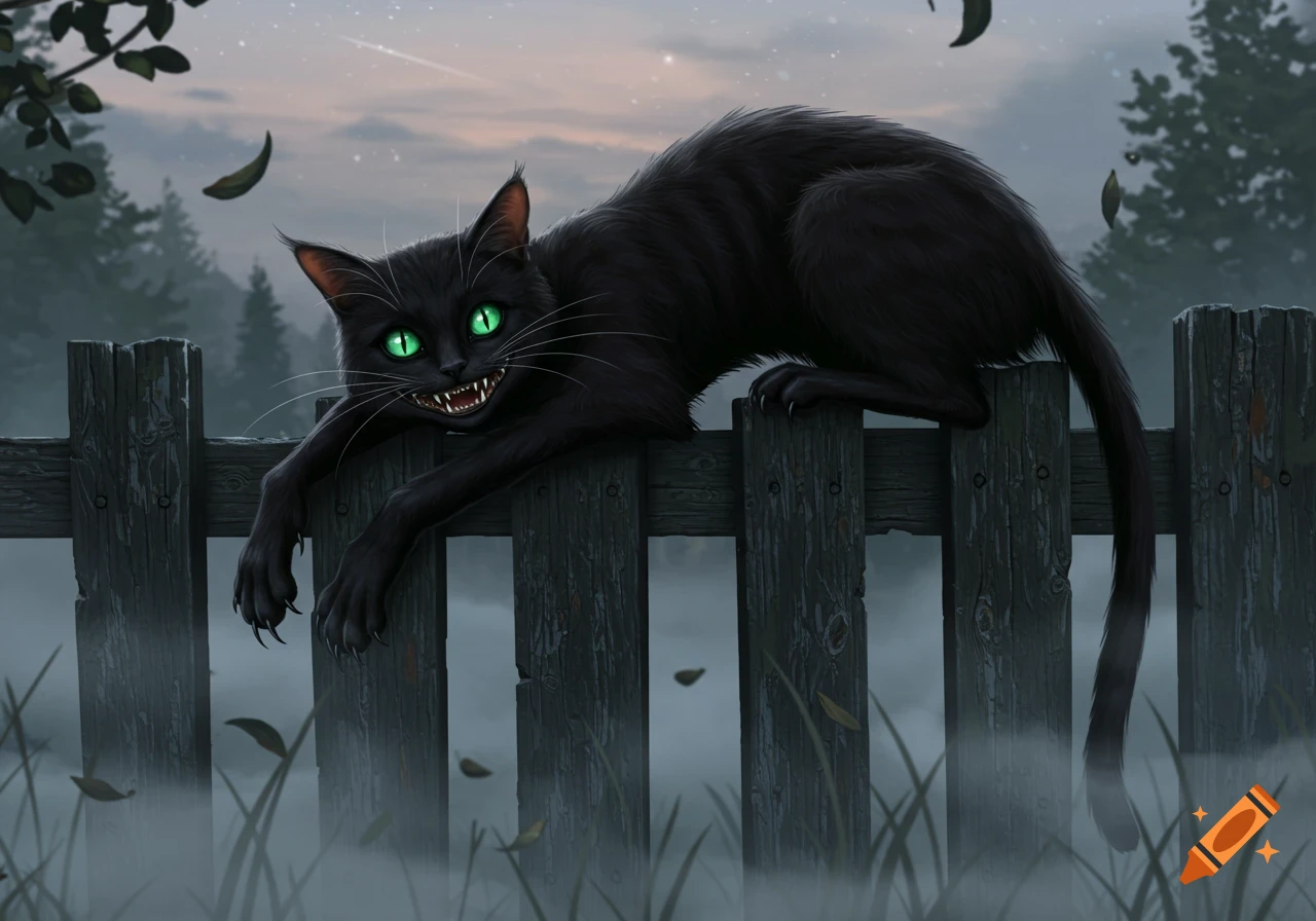 A grinning black cat with glowing green eyes and human teeth perches on a wooden fence in a misty, twilight illustration.