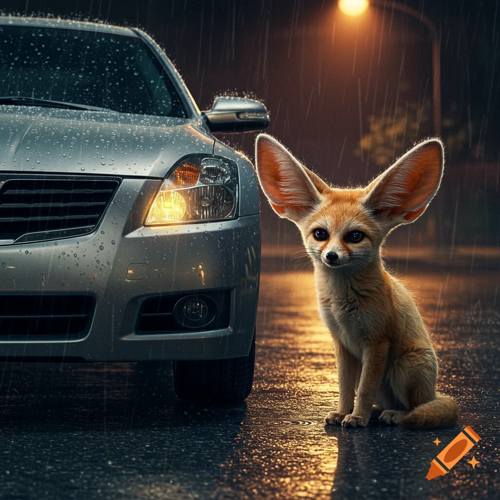 A fennec fox sits next to a silver car on a wet street at night in the rain, under a street light.