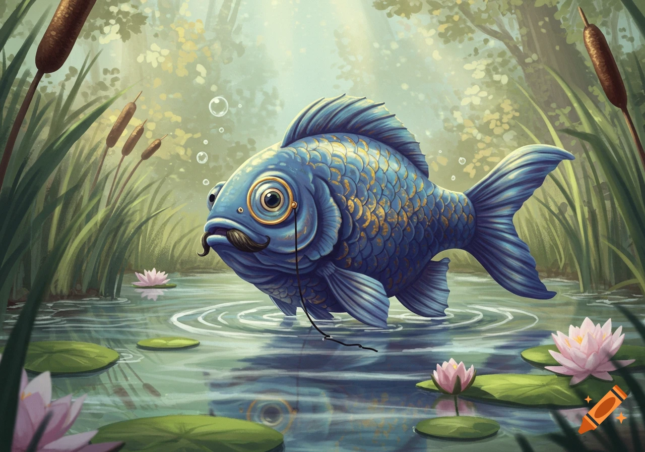 A whimsical illustration of a blue fish with a mustache and monocle emerging from a pond with lily pads and cattails.