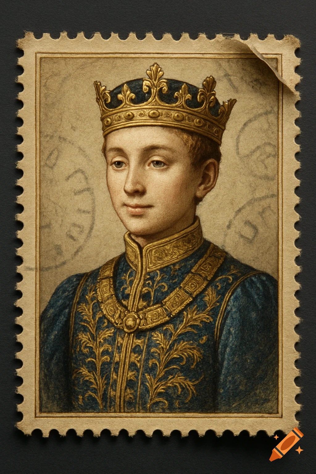 Portrait of a youthful king in golden crown and ornate blue robe on a vintage postage stamp.
