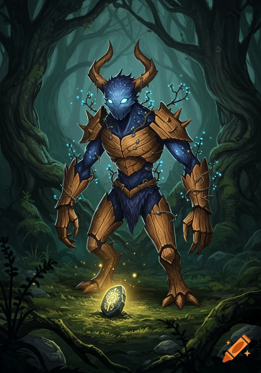 A fantasy creature resembling a tree spirit with blue skin, glowing eyes, wooden armor, horns, and glowing vines, standing in a dark forest next to a glowing runic stone. Stylized art.