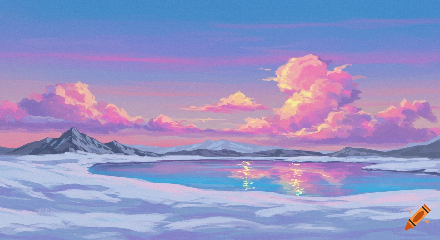 Vibrant painting of a snowy mountain landscape with a reflective lake and pink and purple clouds at sunset.