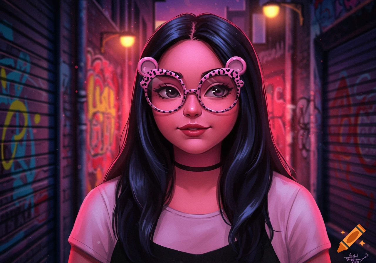 A stylized digital portrait of a young woman with long dark hair, pink leopard print glasses, and a black choker, in a neon-lit alley.