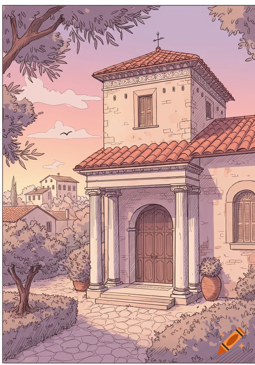 Cartoonish sketch of a Roman-style building with a red-tiled roof and columns under a pink sunset sky, surrounded by foliage.