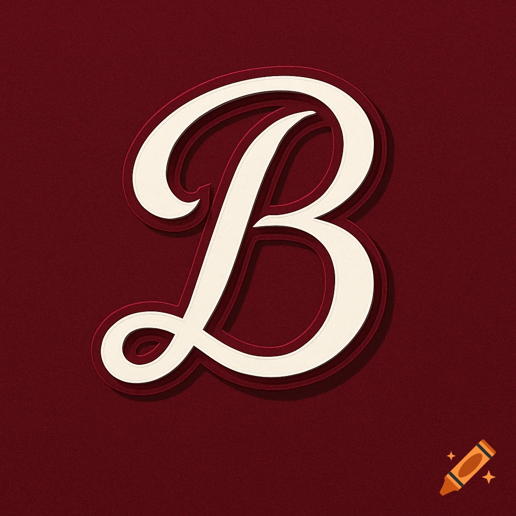 A cream-colored, stylized script letter 'B' with shadow effects on a textured maroon background.