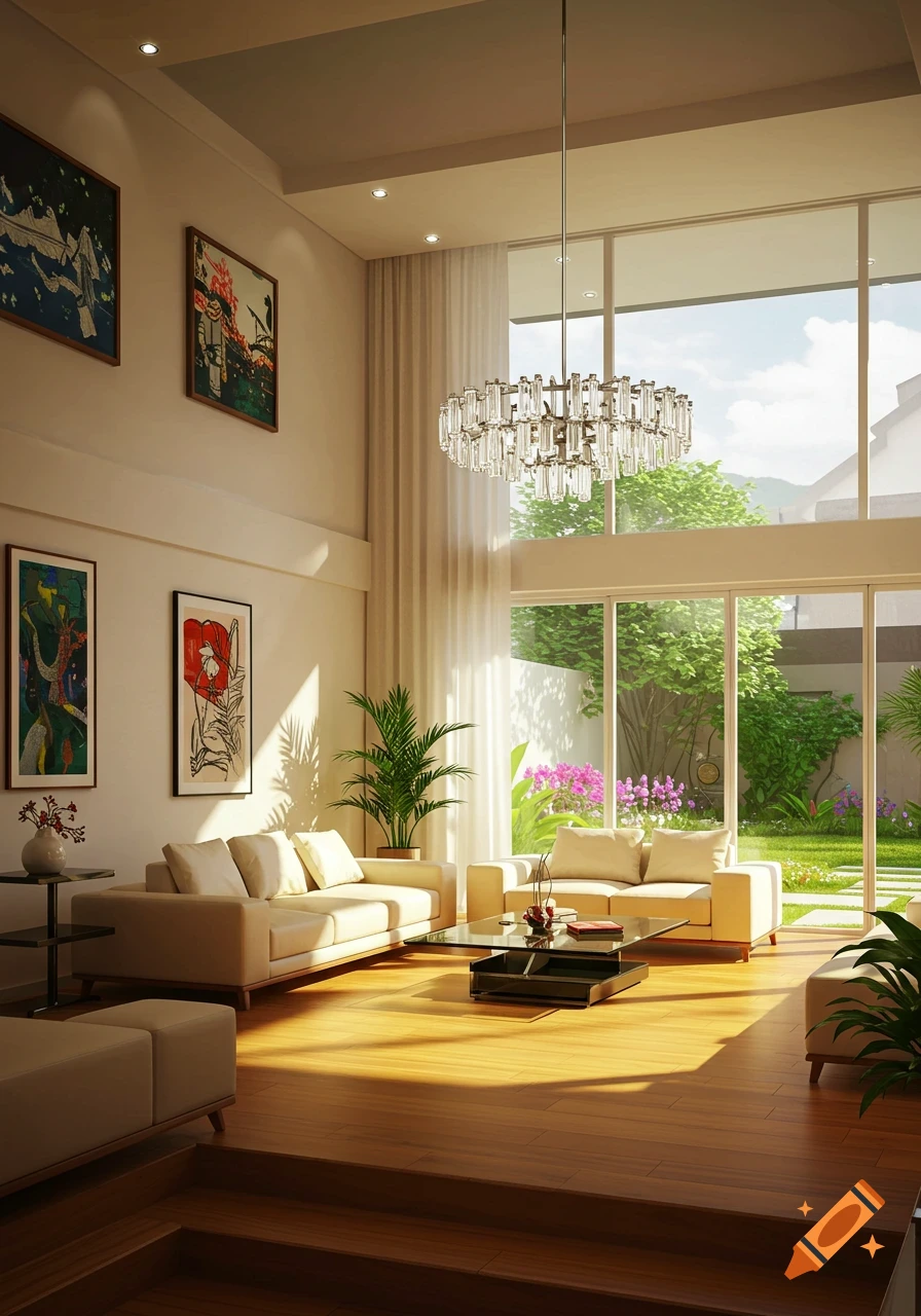 Photorealistic modern living room with high ceilings, large windows, a garden view, cream sofas, a glass coffee table, and wood floors.
