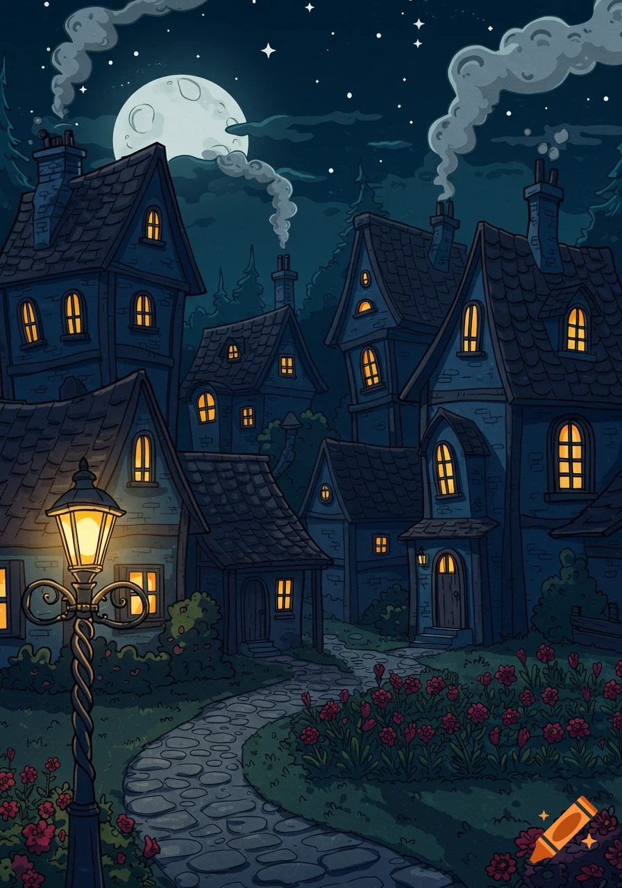 Cartoon illustration of a whimsical, dark village at night with crooked houses, a glowing lamp post, full moon, and flowers.