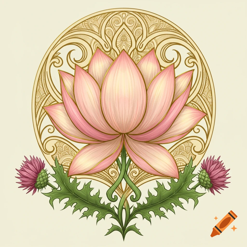 Stylized pink lotus with gold accents and green thistle leaves in front of  a golden, intricate Art Nouveau and henna swirl background. on Craiyon, image size:1024x1024