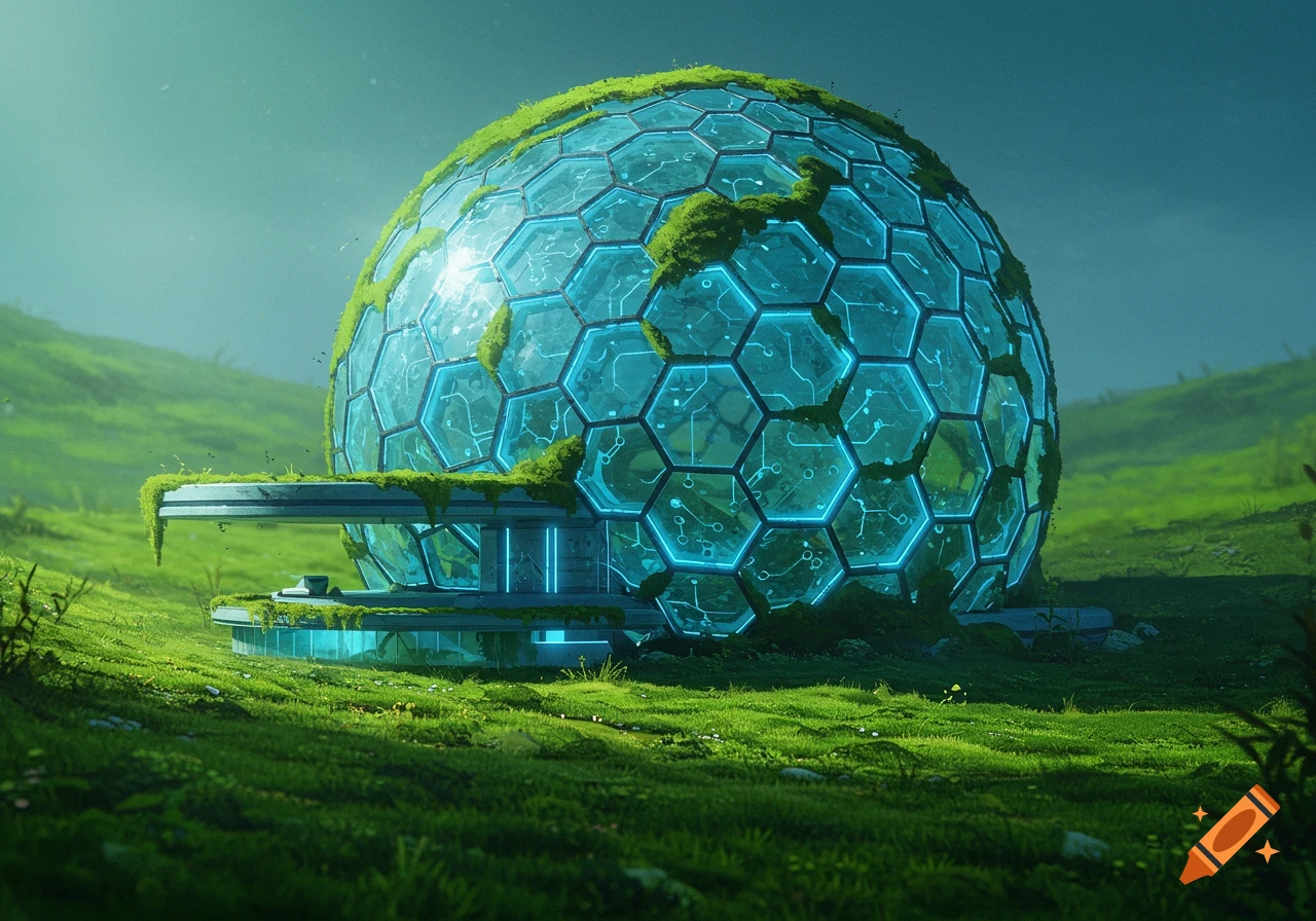 Futuristic geodesic dome covered in moss and glowing blue circuit patterns, set in a vibrant green grassy landscape under a teal sky.
