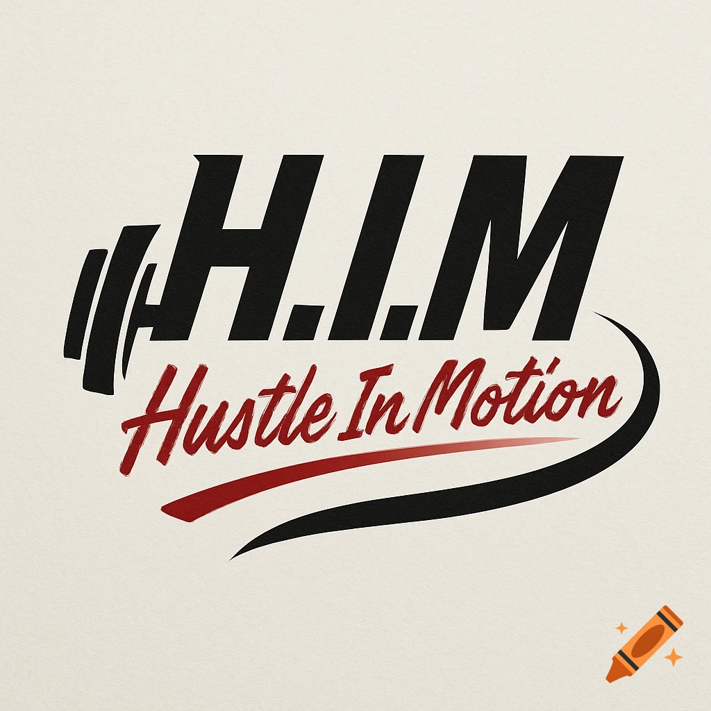 Logo for H.I.M. Hustle In Motion fitness brand, with a black barbell graphic and stylized text.