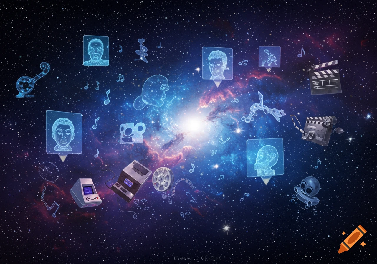 A vibrant cosmic nebula background with numerous glowing blue outlines of pop culture icons, musical notes, film clapper boards, a game console, and faces, symbolizing science, gaming, cinema, and music.