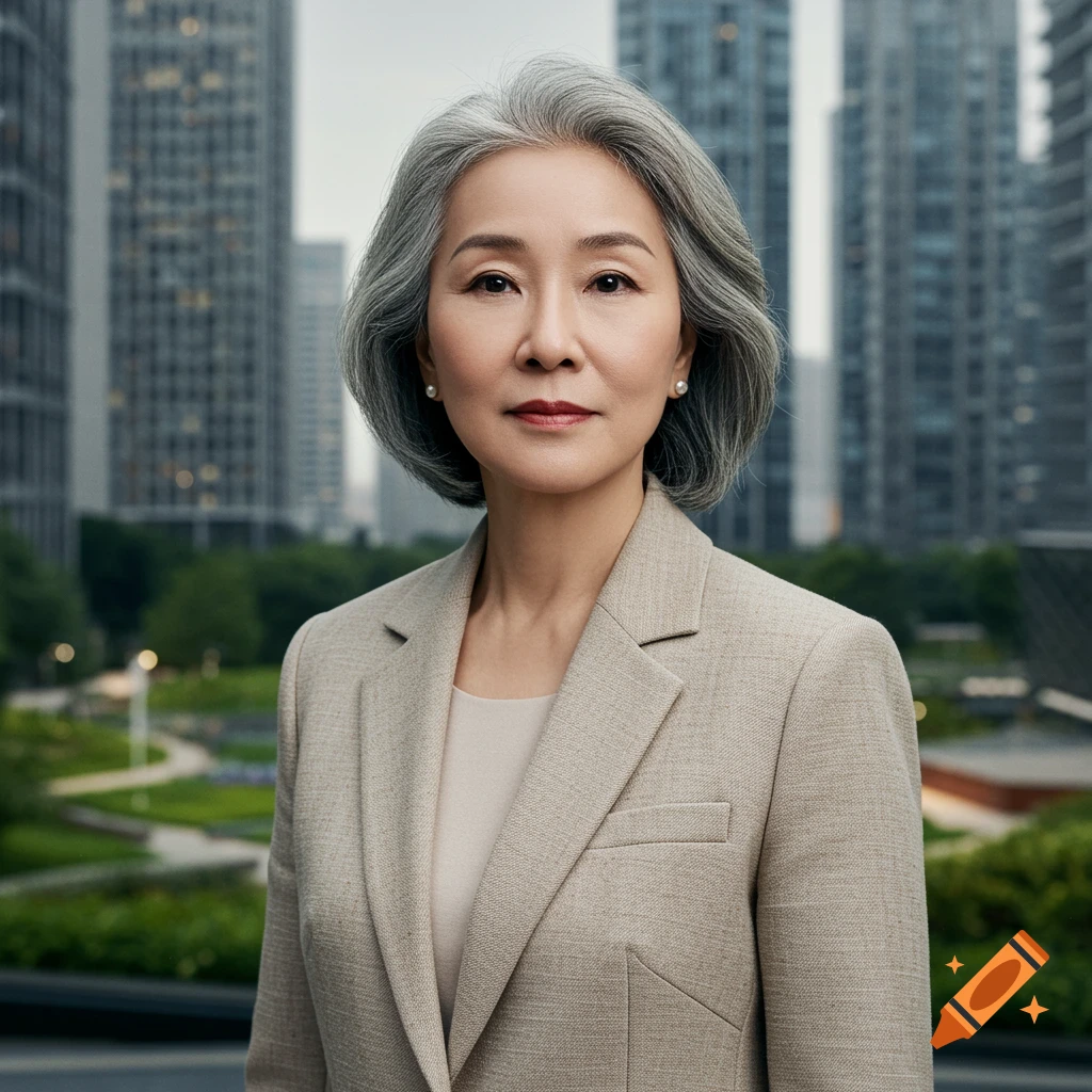 Photorealistic portrait of an older Asian woman with short gray hair in a beige business suit, standing in a modern city with skyscrapers and green spaces.