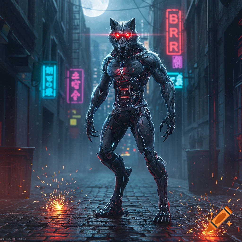 A menacing cyborg wolf with glowing red eyes stands in a dark, rainy cyberpunk alley under a full moon, with neon signs and sparks on the ground.
