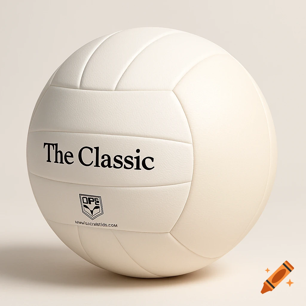 A pristine white volleyball with "The Classic" printed in black text on its surface, along with a black logo and a website address.
