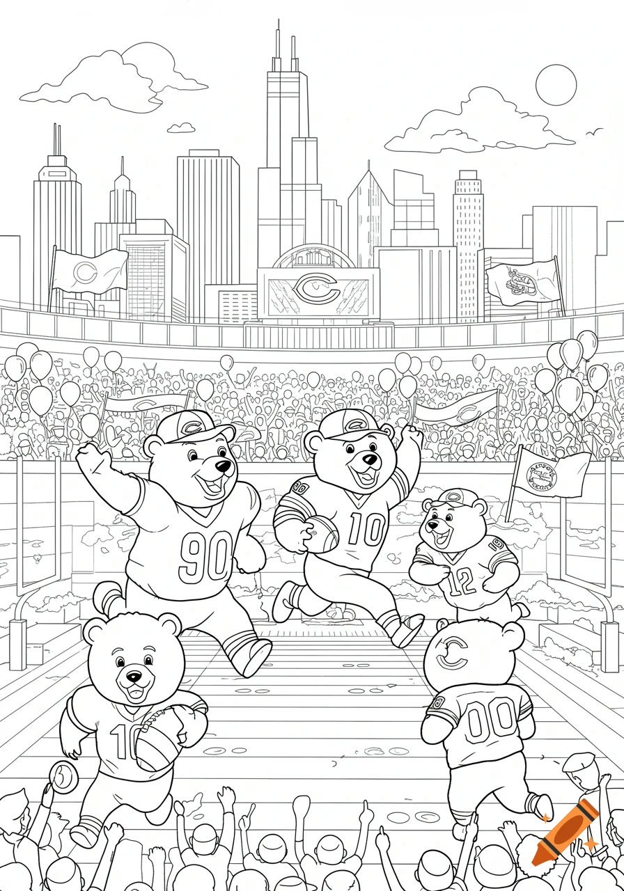 Line art coloring page showing cartoon bears in football jerseys running on a field in a stadium with a cityscape background.