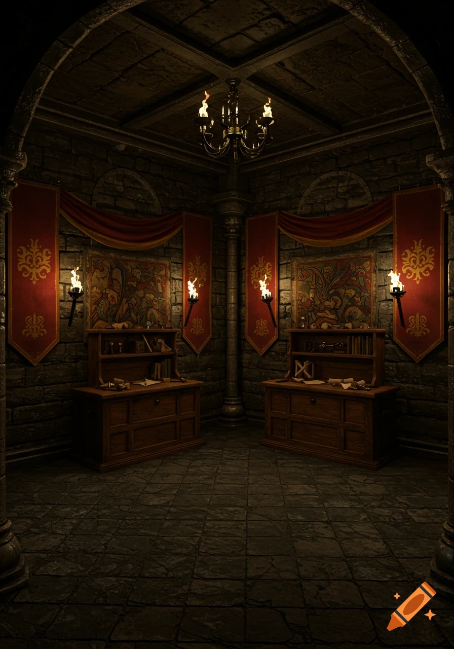 Dark, symmetrical castle room with stone walls, chandelier, flaming torches, red banners, decorative tapestries, and wooden cabinets.