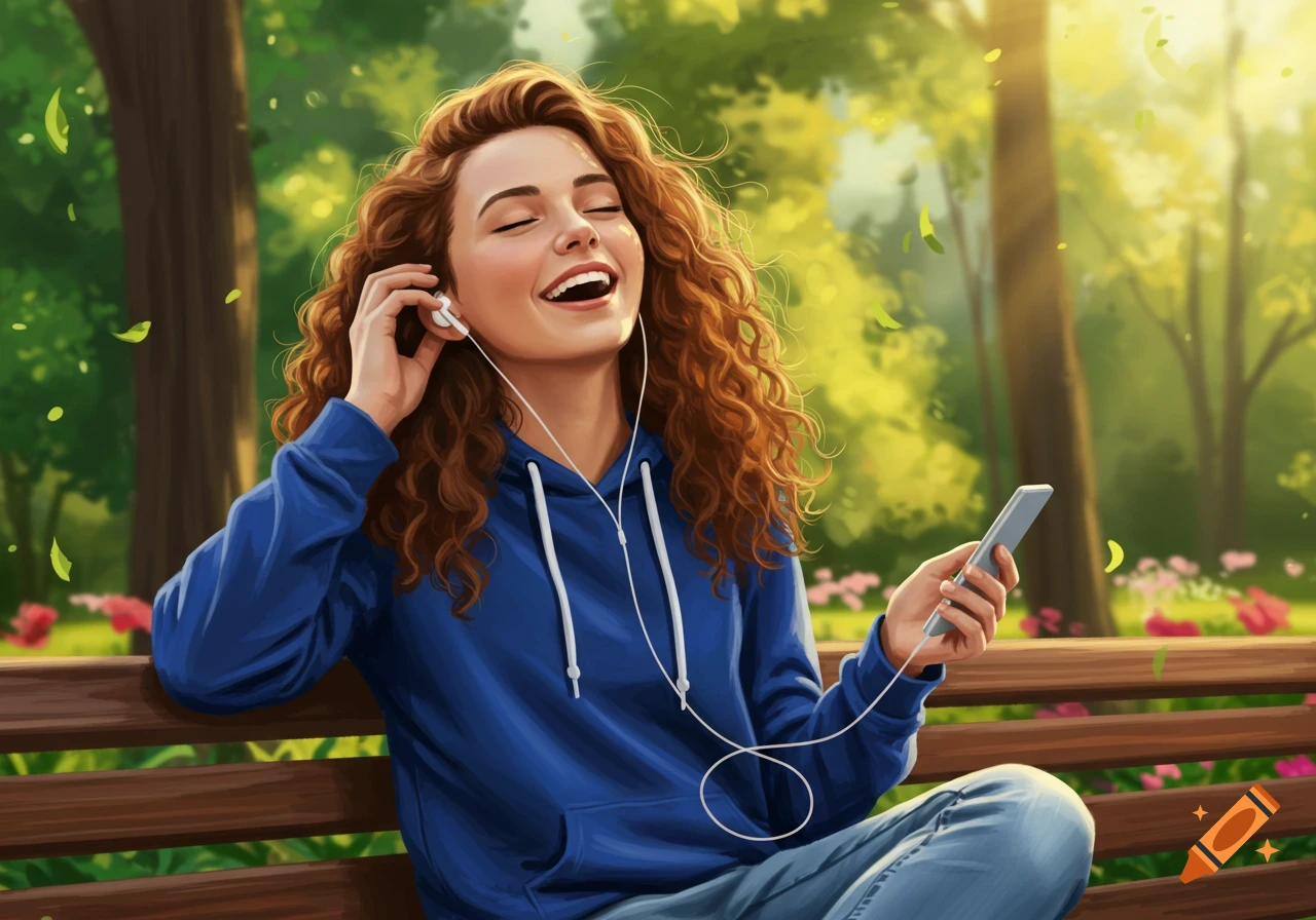 A happy girl with curly hair sits on a park bench, listening to music with earbuds and singing, sunny digital art.