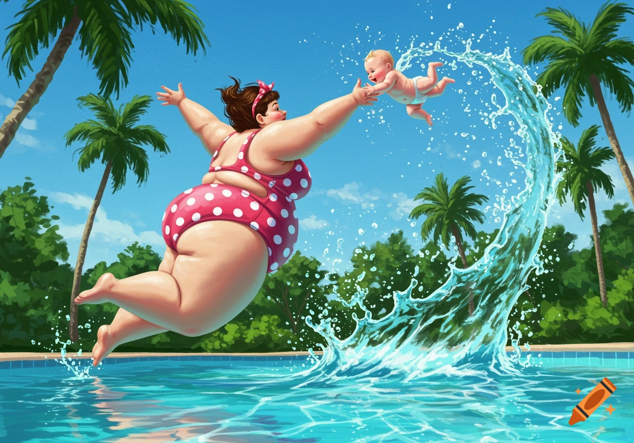 A cartoonish, chubby woman in a red polka-dot swimsuit jumps into a pool, playfully tossing a baby high out of a splash. Palm trees are in the background.