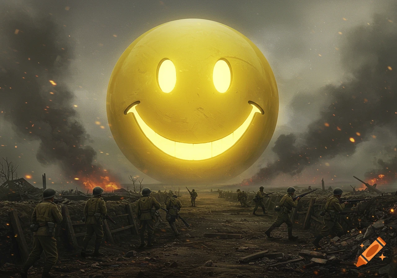 Giant glowing yellow smiley face floats above a World War 2 battlefield with soldiers, smoke, and fires.