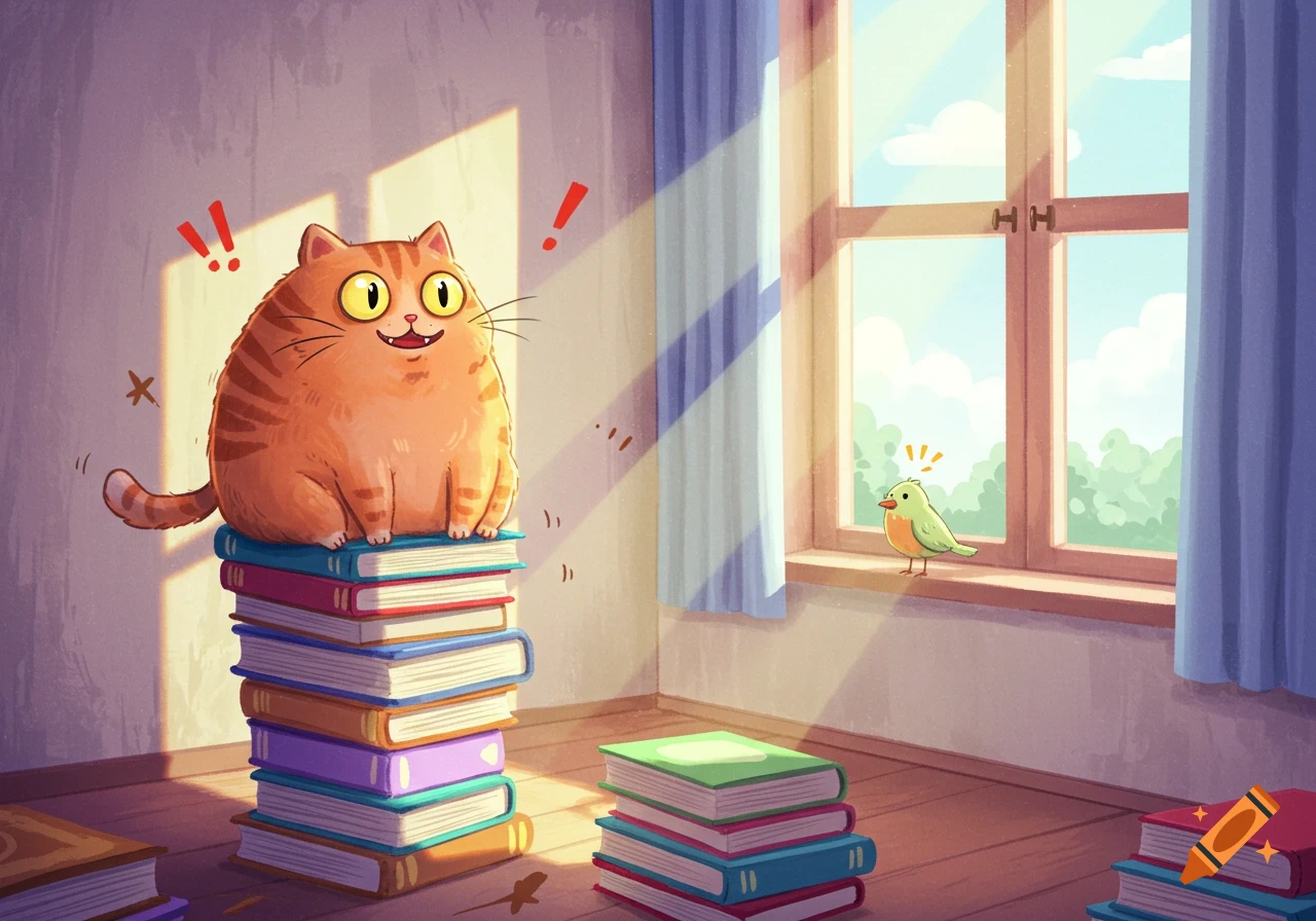 A round orange tabby cat sits on a stack of books, wide-eyed, looking at a small green bird perched on a sunny window sill in a cartoon style.