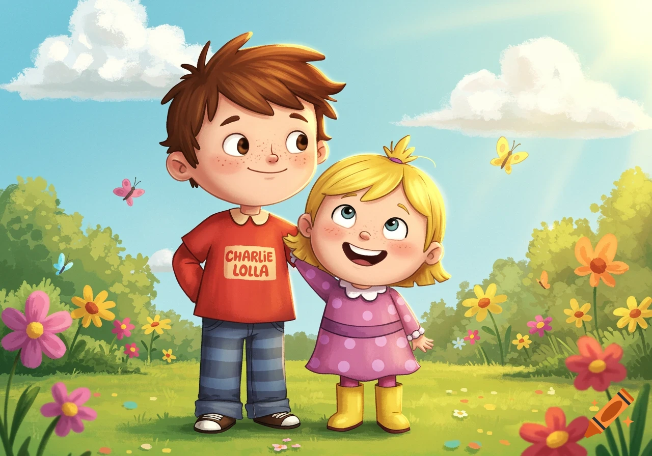 A cartoon illustration of a boy and a girl standing in a vibrant, flowery field with butterflies. The boy wears a red shirt that says "CHARLIE LOLLA".